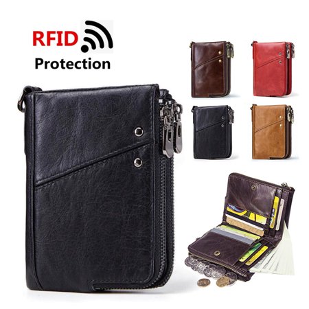 Genuine Leather Wallet For Men, Mens RFID Wallet Cow Leather Zip Around Purse Credit Card Coins Holder RFID