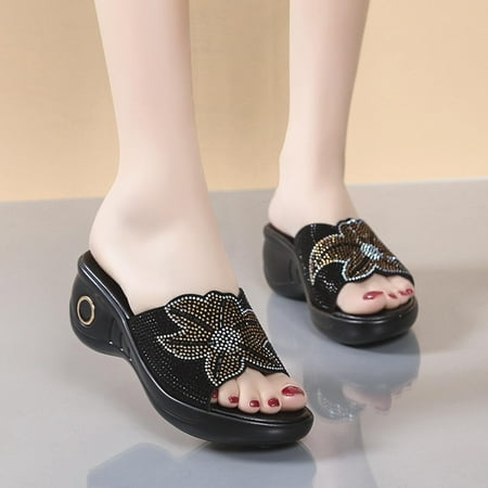 

Yilirongyumm Gold 40 Sandals Women Ladies Shoes Fashion Comfortable Platform Wedge Heel Rhinestone Flower Fish Mouth Sandals