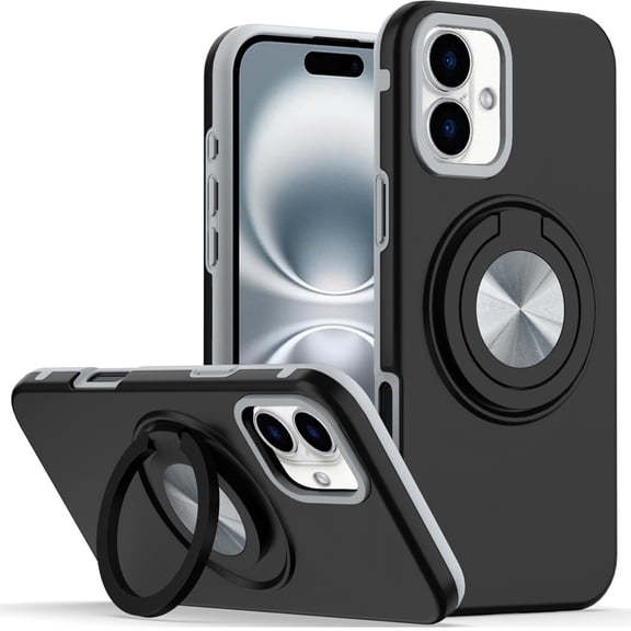For iPhone 16 Plus 6.7in Solid Rugged Shockproof with 360 Stand Tempered Glass
