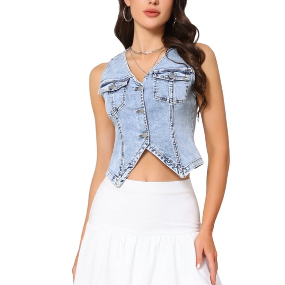 INSPIRE CHIC Denim Vest for Women's Sleeveless V Neck Button Down Cropped Tops Summer Casual Jean Vest Jacket XS Light Blue