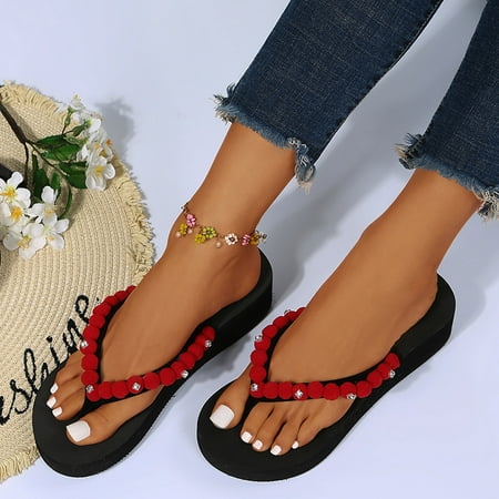 

FZM Women shoes Women s Summer Hairball Rhinestones Non Slip Home Bathroom Slip On Wedge Beach Open Toe Breathable Sandals Flip Flops Shoes