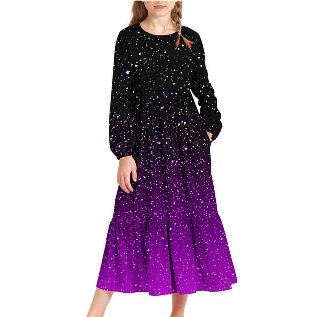 Yanlir Robe à Manches Longues à Col Rond pour Filles avec Poches Latérales, Imprimé Dégradé Mode, Robe Maxi Décontractée de Fête pour Enfants 4-15 Ans (Violet, 8-9 Ans)