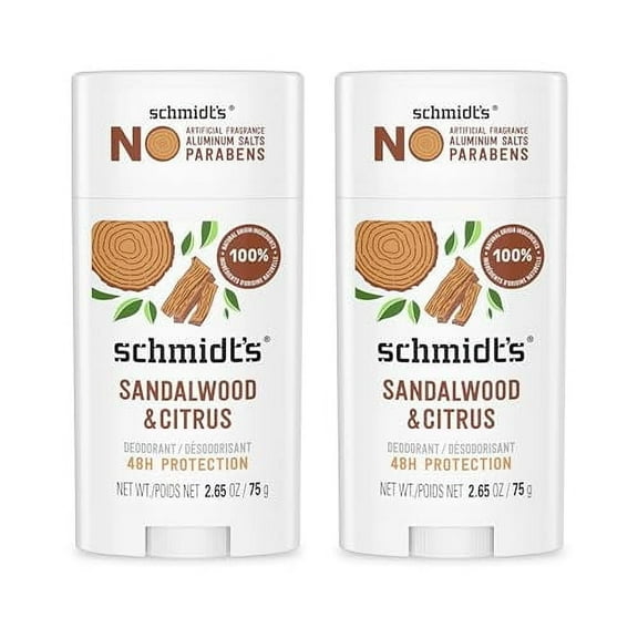 Schmidt's Aluminum-Free Vegan Deodorant Sandalwood & Citrus 2 Count for Women and Men, with 24 Hour Odor Protection, Natural Ingredients, Cruelty-Free, 2.65 oz