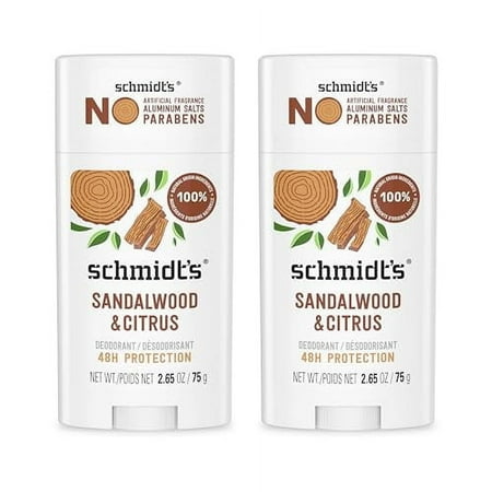 Schmidt's Aluminum-Free Vegan Deodorant Sandalwood & Citrus 2 Count for Women and Men, with 24 Hour Odor Protection, Natural Ingredients, Cruelty-Free, 2.65 oz