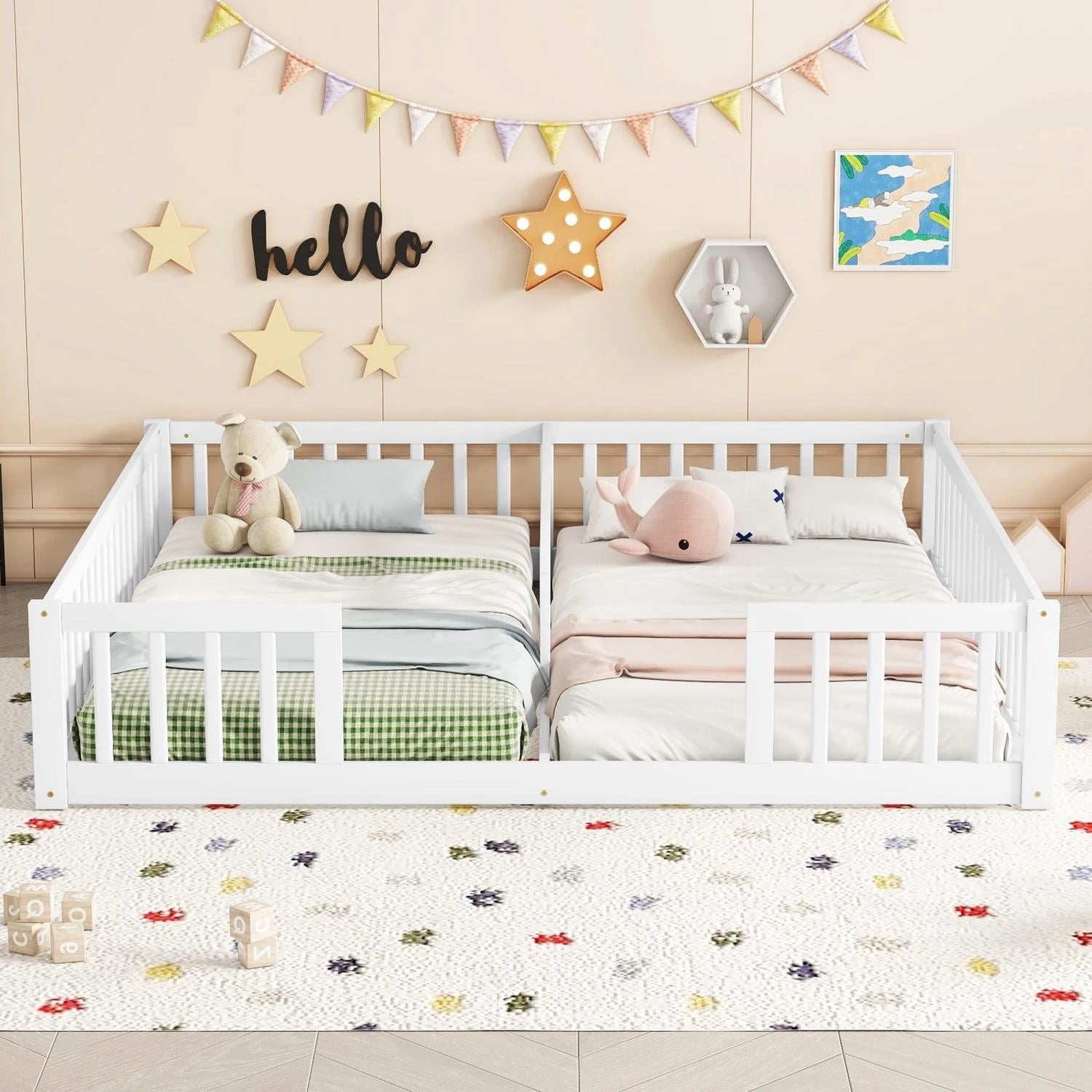 Kumix Double Floor Bed with Fence Guardrails, Wood Double Twin Floor Beds for Twins, Floor Bed for 1-3, Two Shared Beds, Floor Bed, Easy Assembly, White