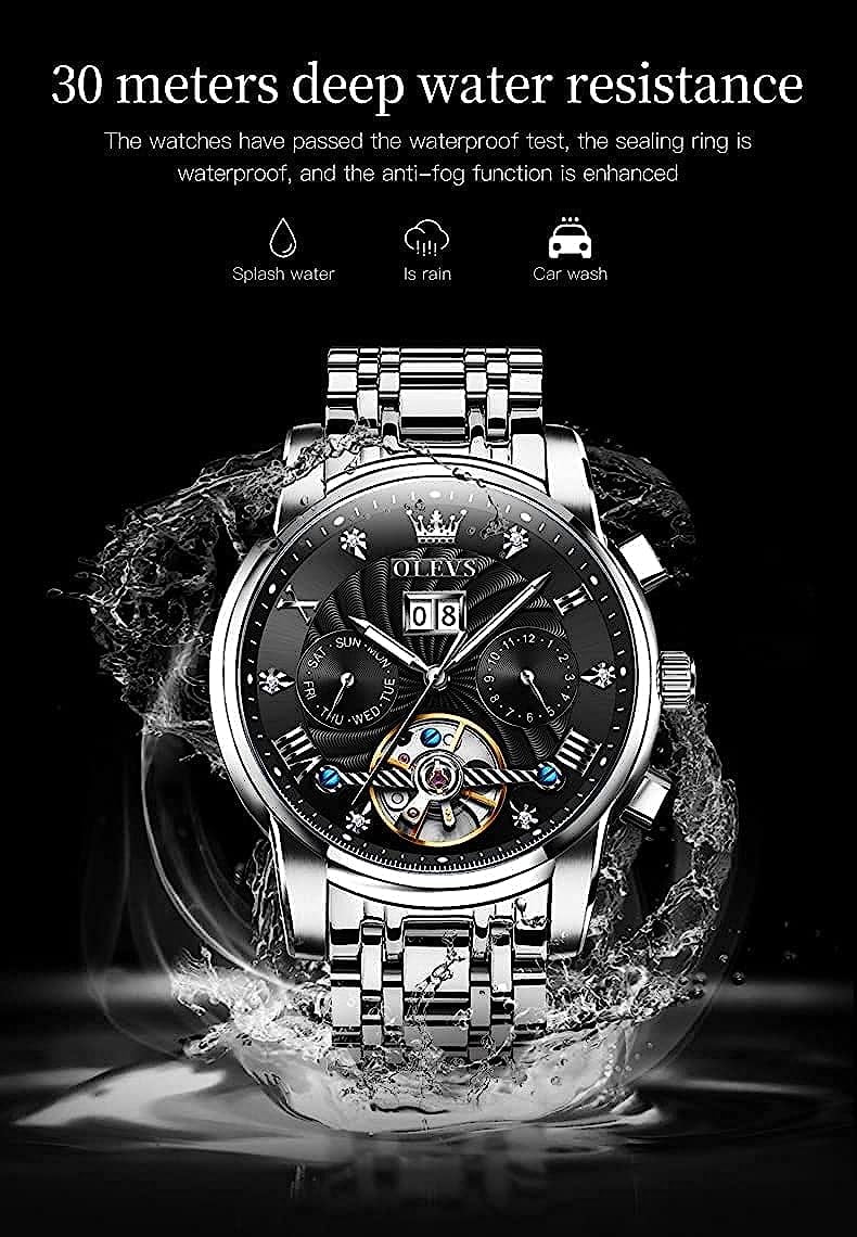 OLEVS Watch for Men Automatic Skeleton Tourbillon Mechanical Self Winding Business Luxury Dual Calendar Stainless Steel Luminous Waterproof Man Wrist Watches Black Dial