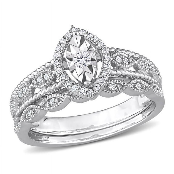 AMOUR 1/5 CT TW Diamond Oval Halo Bridal Ring Set In Sterling Silver