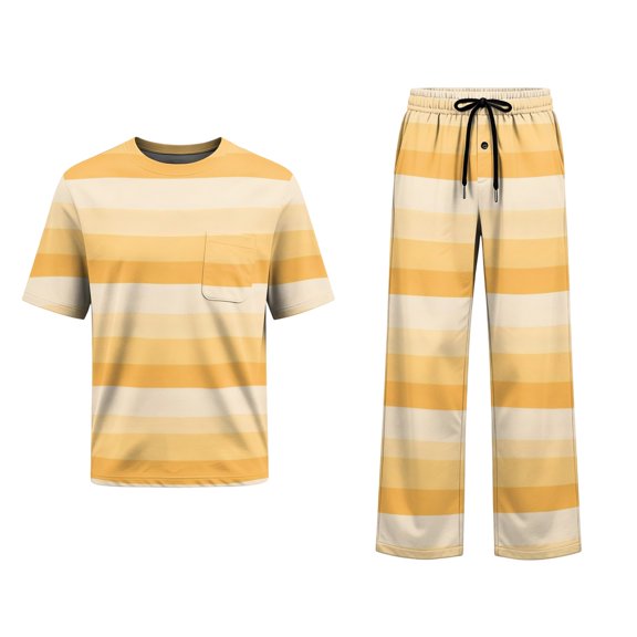 CCRFTGI Mens Pajamas Set Striped Breathable Sleepwear Short Sleeve Crew Neck Top and Pants Soft Loungewear Sets Yellow S