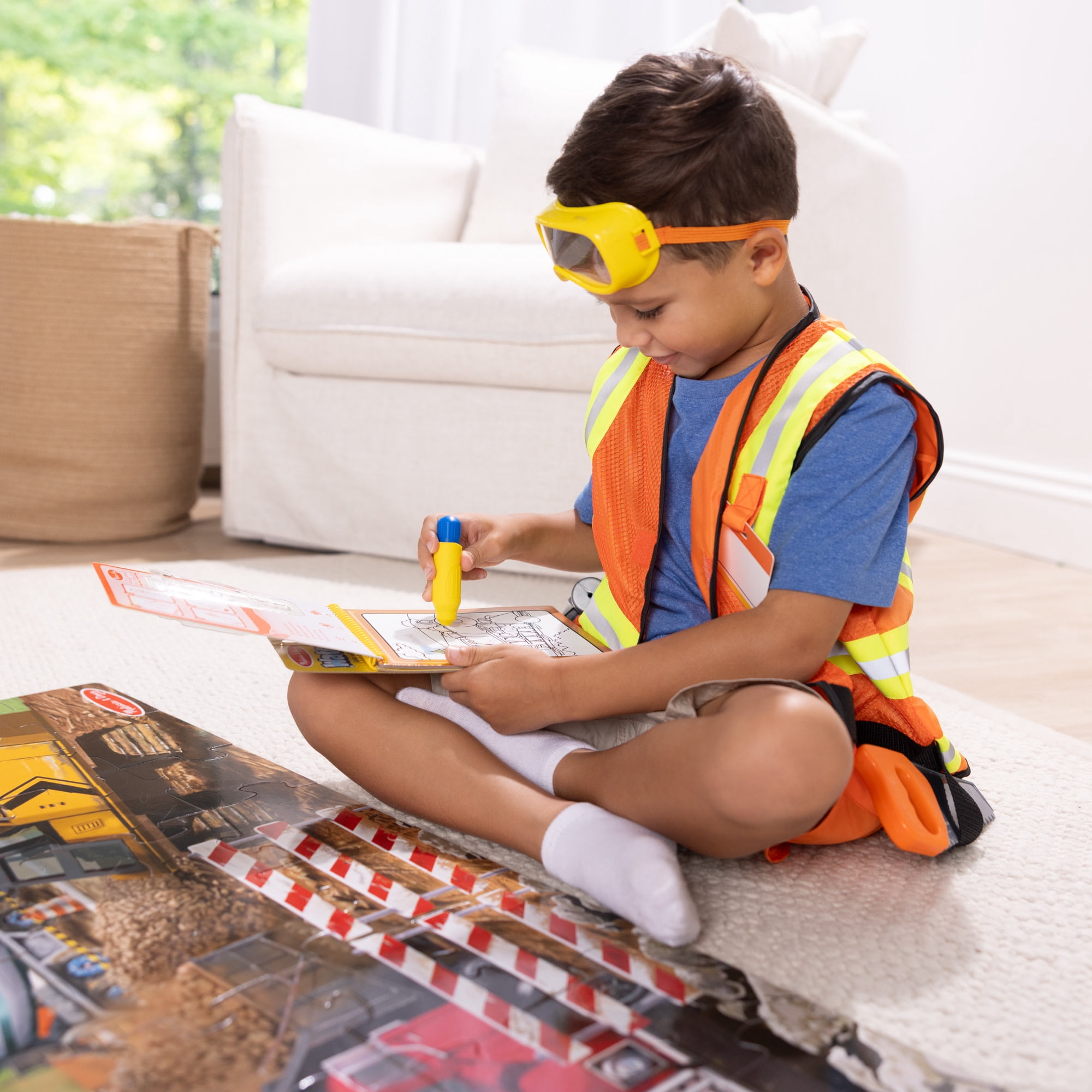 Melissa & Doug Construction 3-in-1 Deluxe Collection Themed Gift Set – Costume Role Play, Puzzle, Water WOW! - FSC Certified
