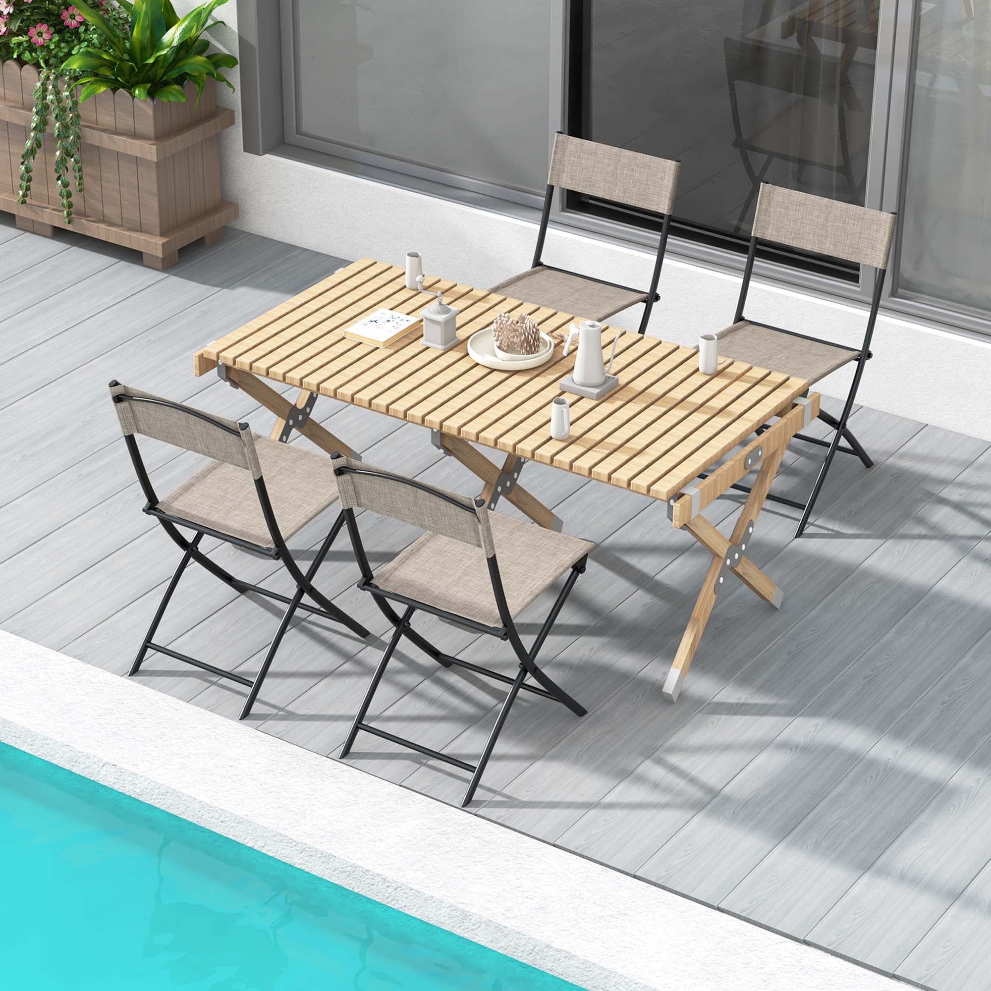 Costway Patio Metal Outdoor Camping Breathable and Lightweight Folding Chairs, Coffee (Set of 4)