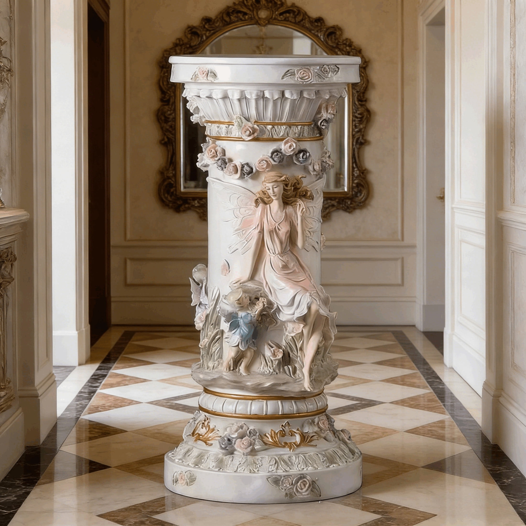GDF Studio 32" Vintage Fairy & Floral Carved Roman Column Pedestal, Garden Display Stand for Statues & Ornaments