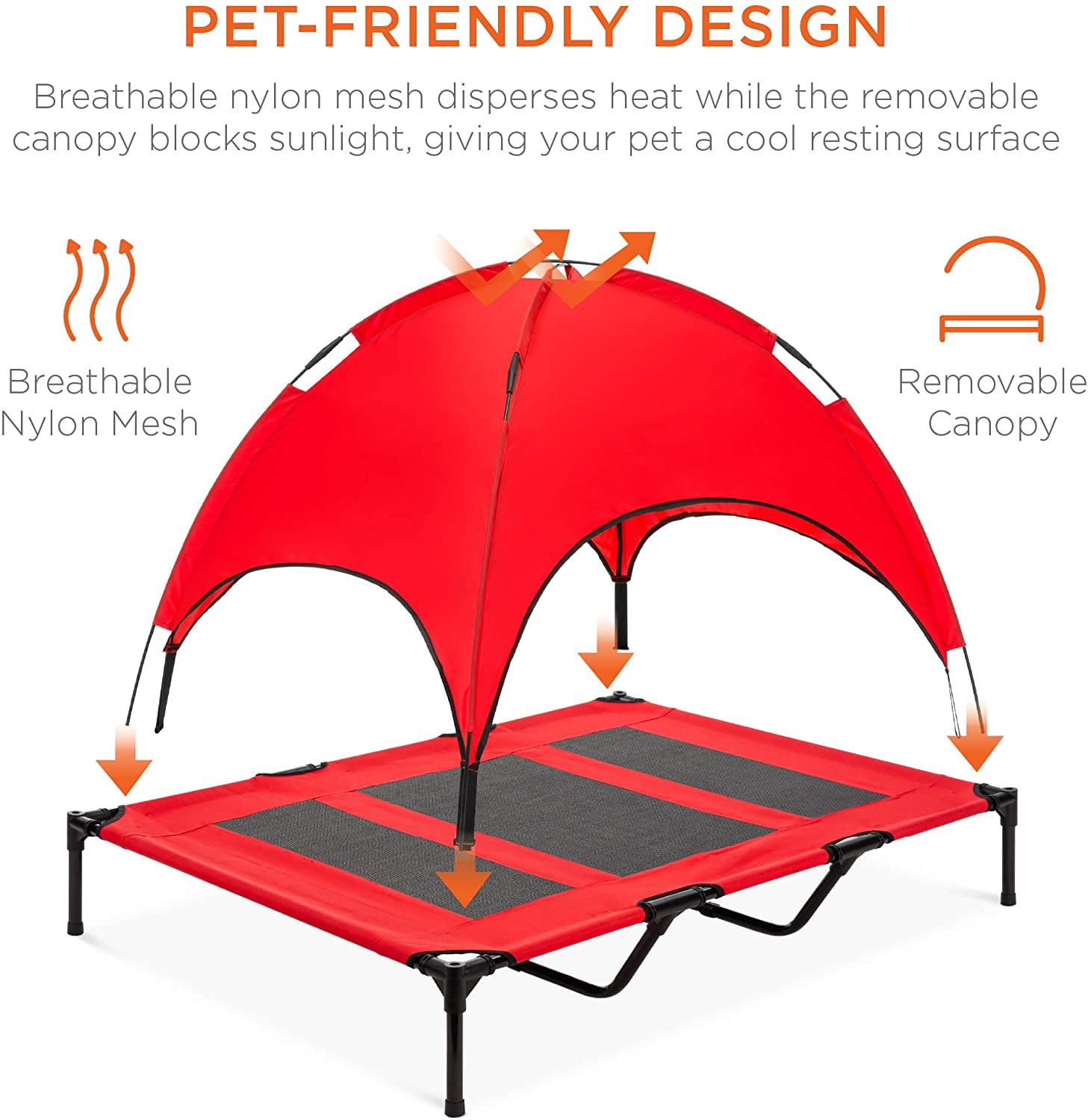 Themis 48in Elevated Cooling Dog Bed, Outdoor Raised Mesh Pet Cot w/Removable Canopy Shade Tent, Carrying Bag, Breathable Fabric - Red