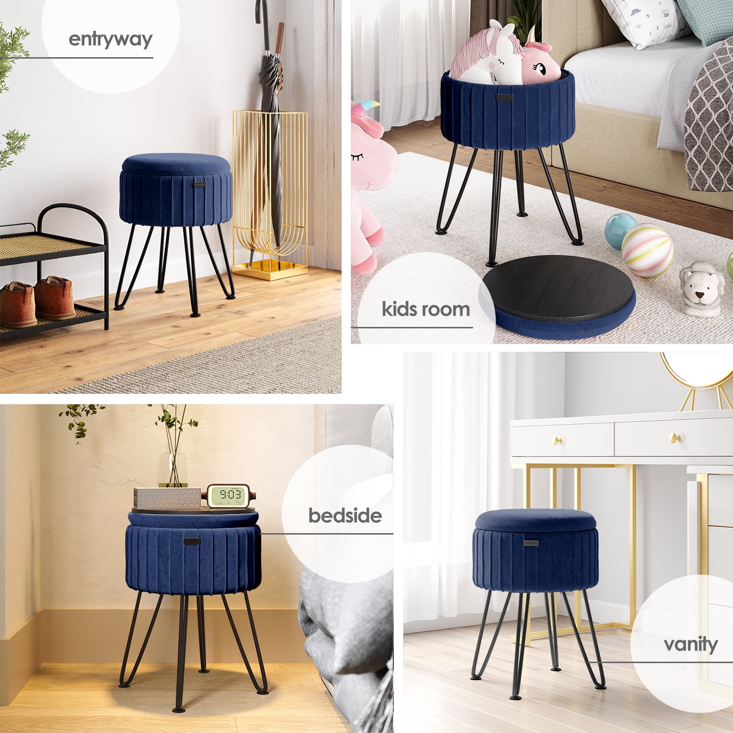 Hearth & Harbor Round Ottoman with Storage, Luxurious Foot Stool and Chic Vanity Stool with Storage, Elegant Pleated Velvet Blue