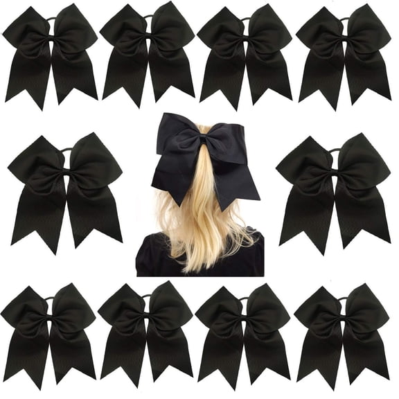 7" Jumbo Cheer Bow Big Hair Bows with Ponytail Holder Large Classic Accessories for Teens Women Girls Softball Cheerleader Sports Elastics Ties Handmade (10 pack Black)
