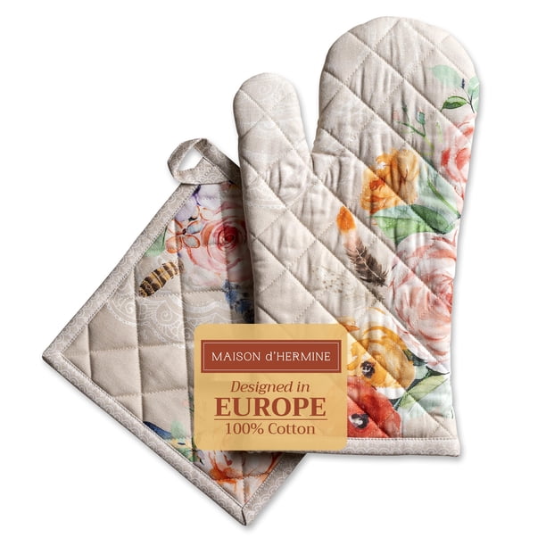 Maison d' Hermine Juego de manoplas para horno y ollas 100% algodón (7.5 x 13 pulgadas y 8 x 8 pulgadas) guantes de cocina para barbacoa resistentes al calor con lazo, hornear, asar, cocina, manipulac
