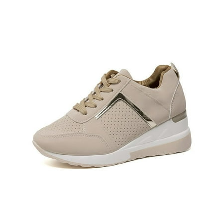 

Rotosw Womens Walking Shoe High Heeled Trainers Lace Up Wedge Sneakers Breathable Platform Casual Sneaker Sports Comfortable Beige 5