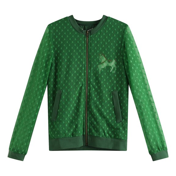 Little Girls Green Lace Overlay Zipper Closure Leisure Coat 5/6