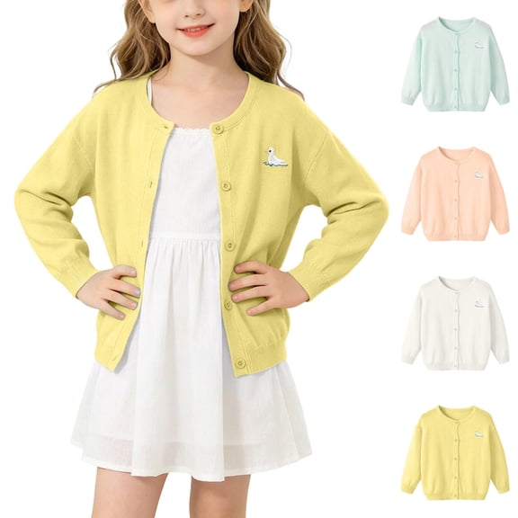 Sentuca Kids Girls Cardigan Sweater, Cute Embroidery Solid Color Sweater Coats Fashion Long Sleeved Button Lightweight Cardigan Size 4Y Yellow