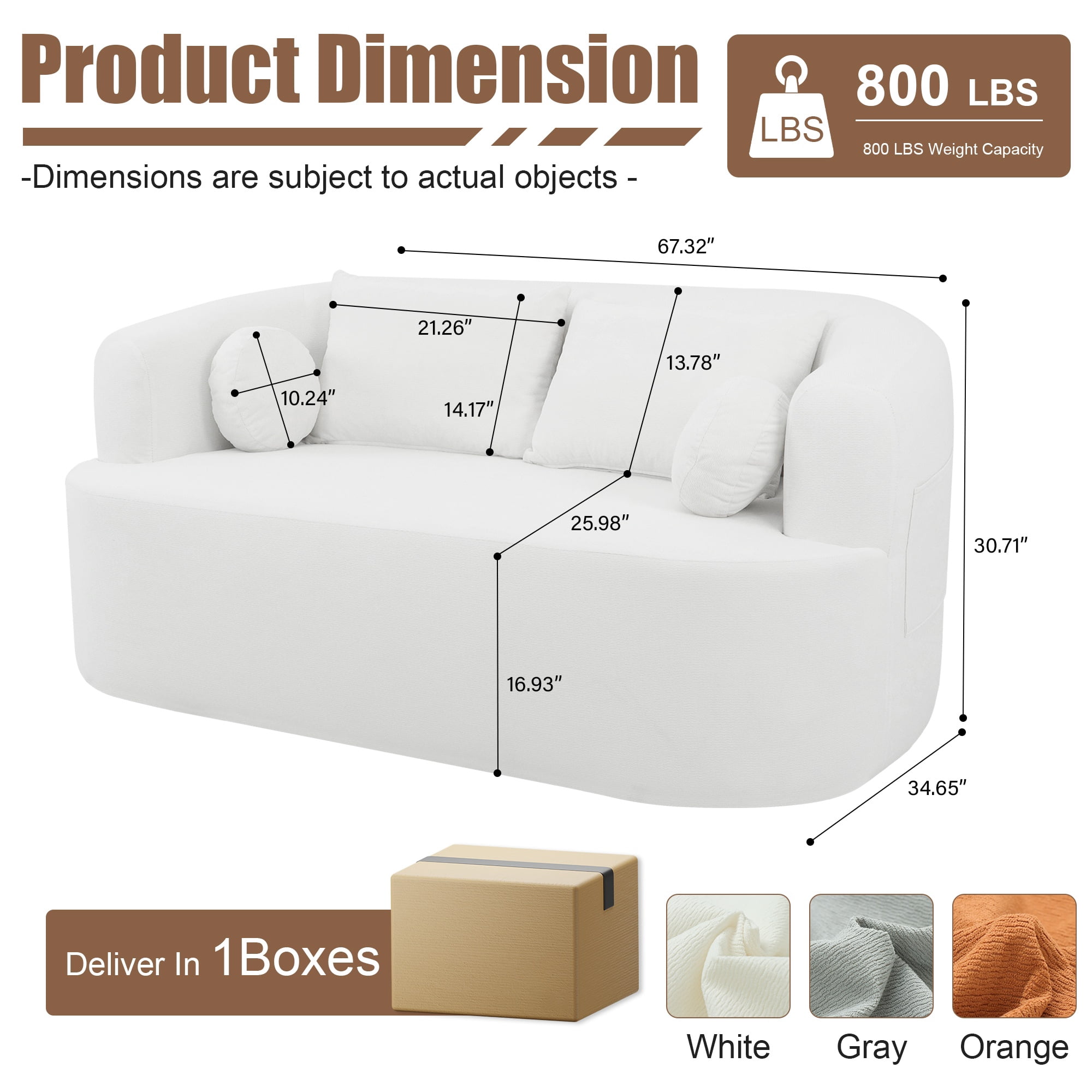 Loveseat Sofa-in-a-Box, 67" Chenille 2-Seater Couch with Deep Seats, 32D High-Resilience Foam, No Assembly Required, for Living Room, Small Space, Beige