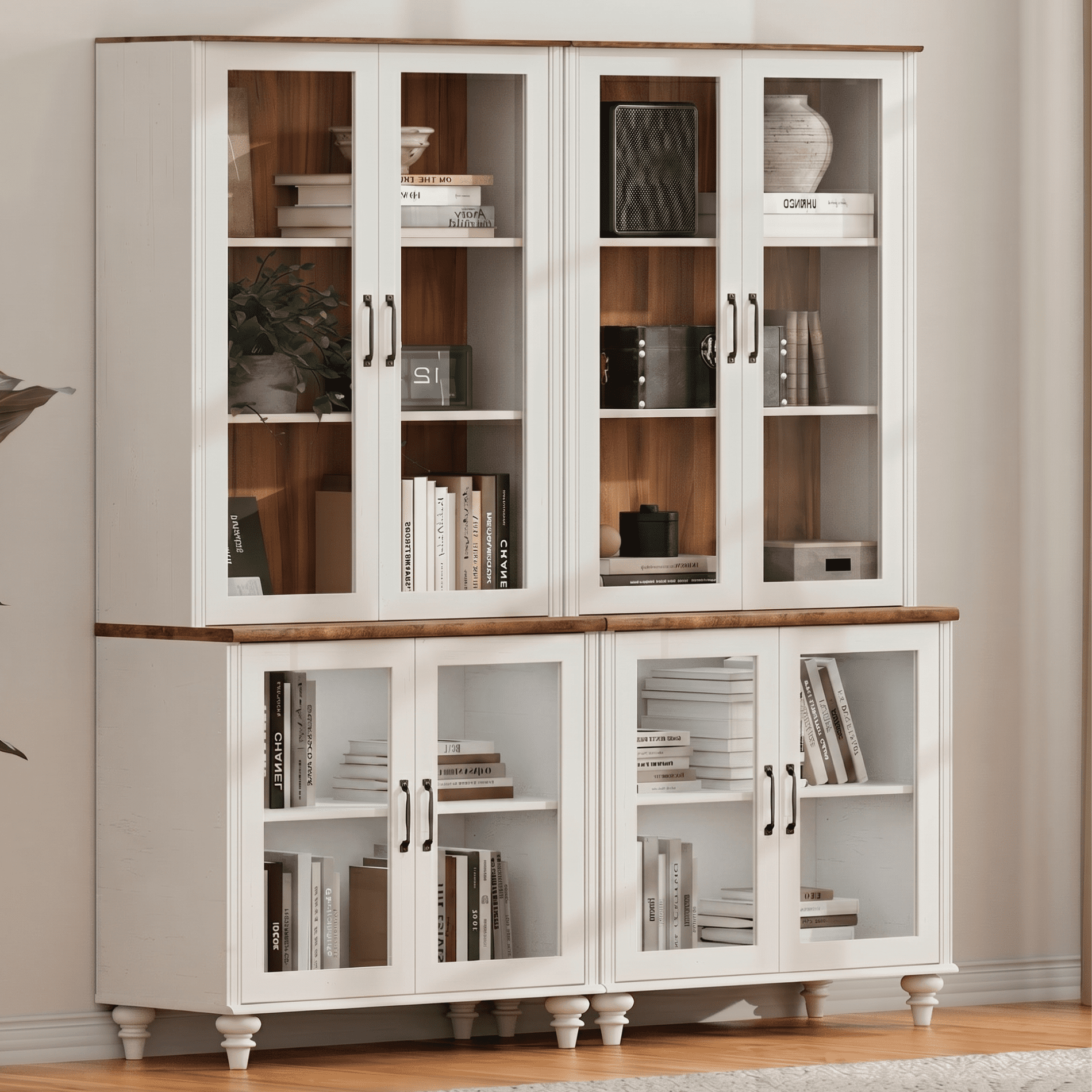 White 5-Tier Bookcase with Glass Doors and Adjustable Shelf, Large Library Wooden Bookshelves for Living Room, Office, Kitchen
