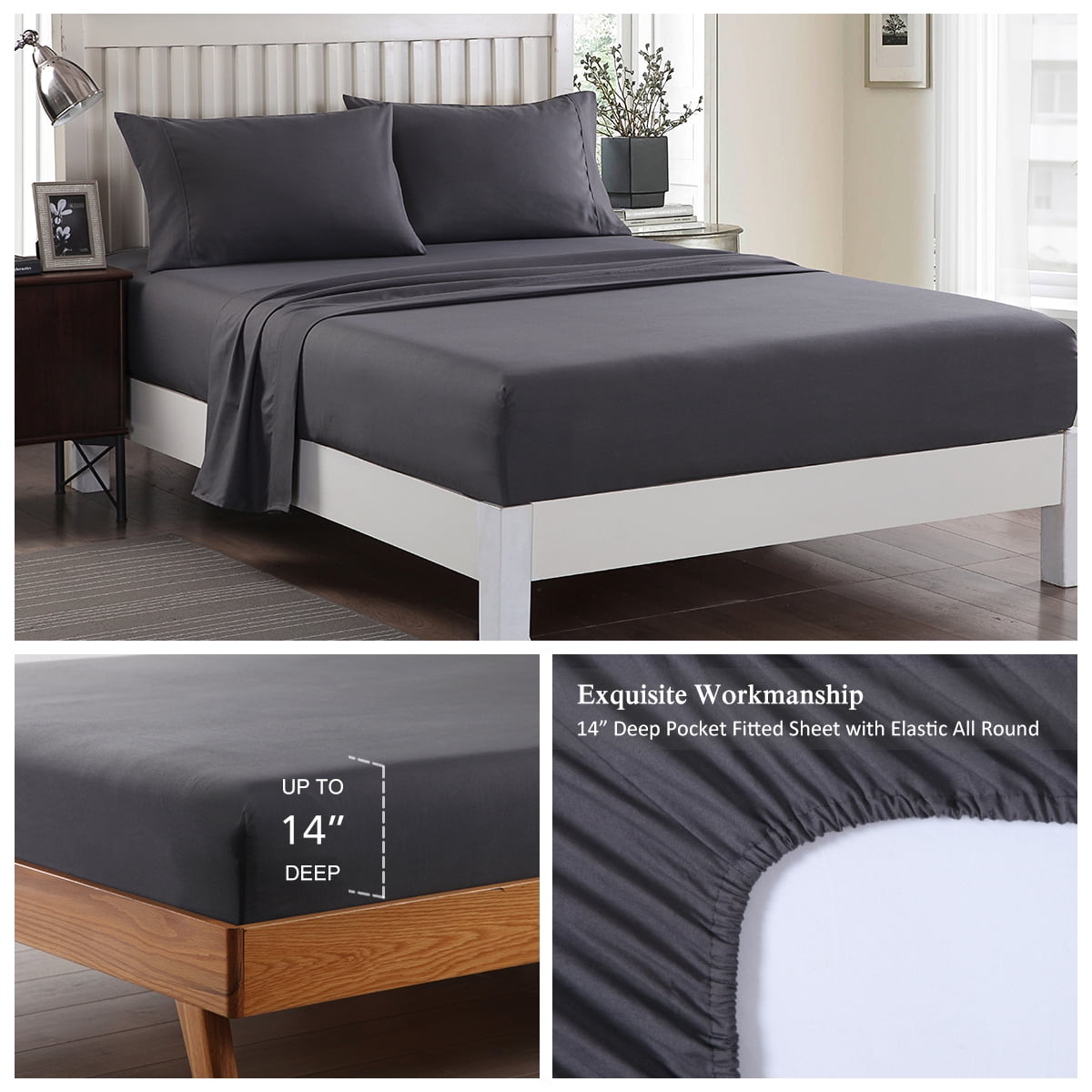 JML Bedding King Bed Sheets Set - 4 Piece Bedding - Brushed Microfiber 100% Polyester - Shrinkage and Fade Resistant - Easy Care (King, Dark Gray)