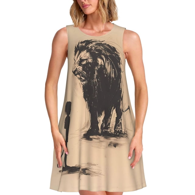 Balery Child And Lion Sketch Vestidos de verano para mujer con estampado: vestido holgado sin mangas, vestido playero informal y cómodo para días calurosos.