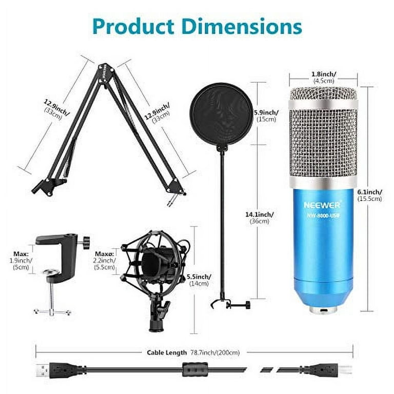 Neewer USB Microphone Kit 192KHZ/24BIT Plug&Play Computer Cardioid Mic  Podcast Condenser Microphone with Professional Sound Chipset for PC  Karaoke//Gaming Record, Arm Stand/Shock Mount (Blue) 