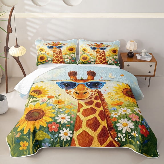 Castle Fairy Girls Cute Sunglass Giraffe Twin Quilt Set,Sunflower Wild Floral Sky Twin Coverlet Set,Brown Yellow Blue
