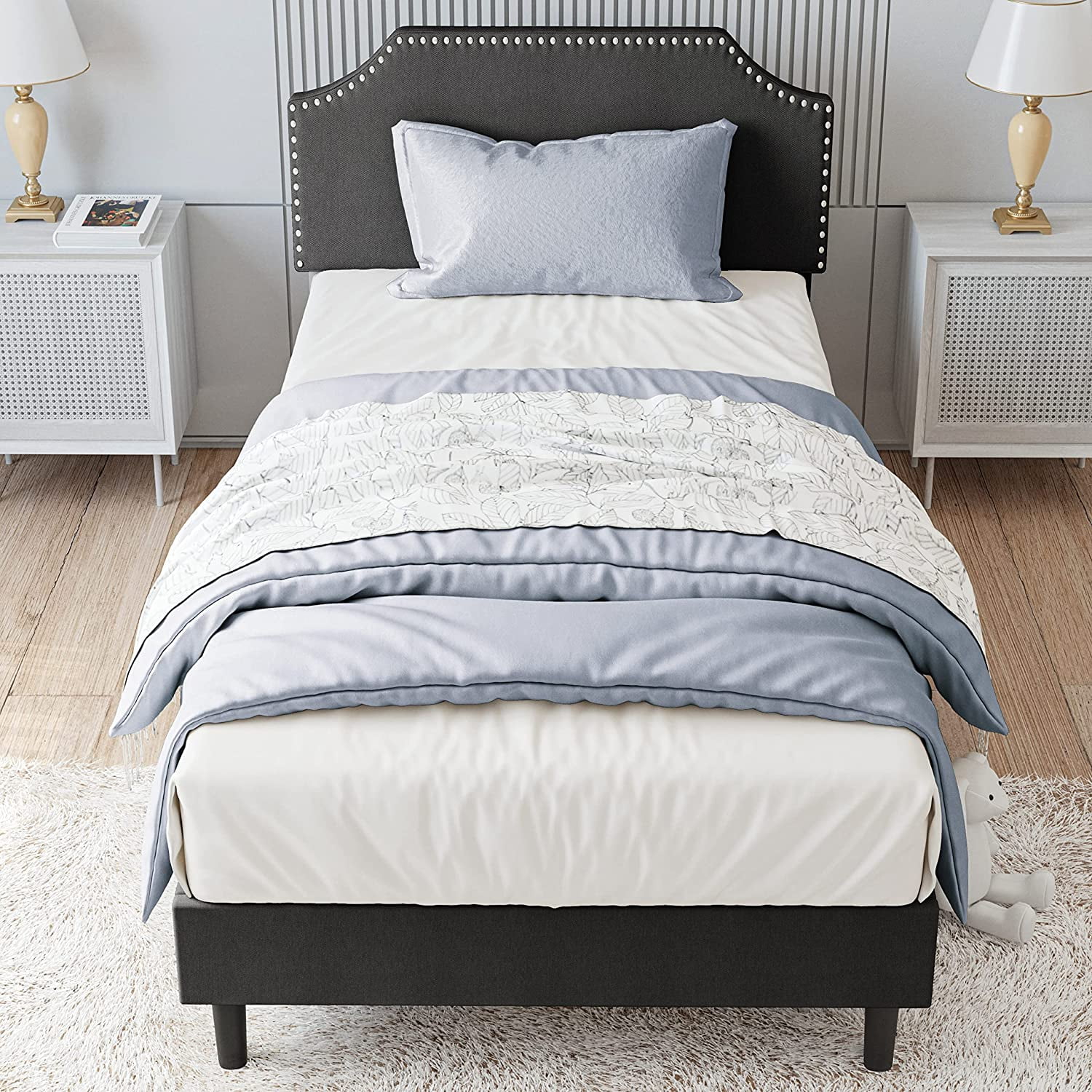 LIKIMIO Upholstered Twin Bed Frame with Height Adjustable Headboard