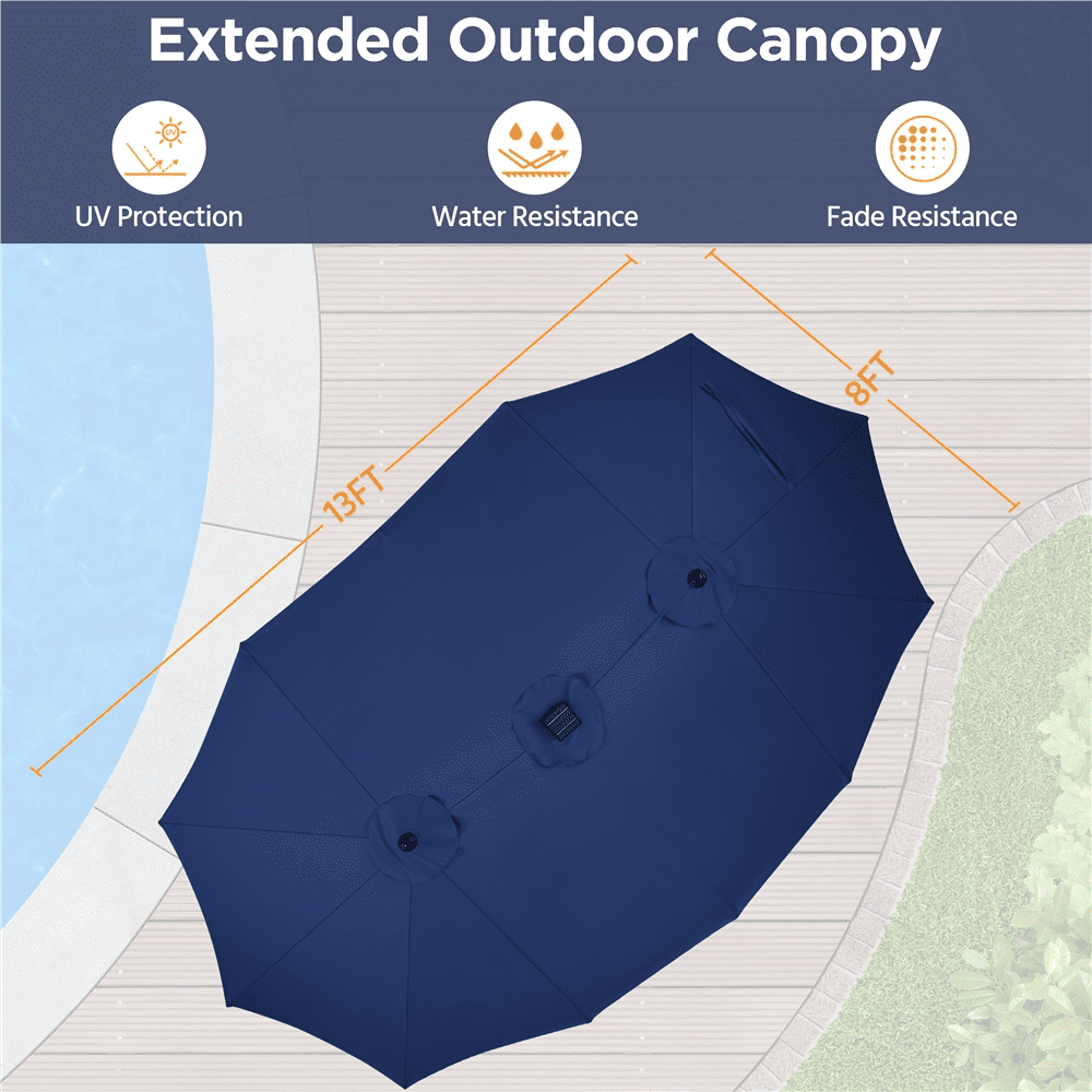 Renwick 13ft Large Patio Umbrella with Solar Lights & Base, Navy Blue