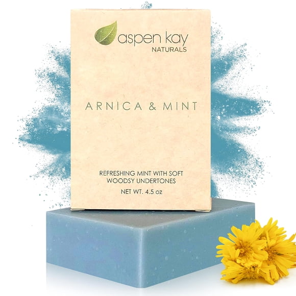 Aspen Kay Naturals Jabón de árnica y menta aceite de oliva vegano manteca de karité aceite de coco aceites esenciales aceite de palma procesado en frío. para todo tipo de piel piel sensible HECHO EN L