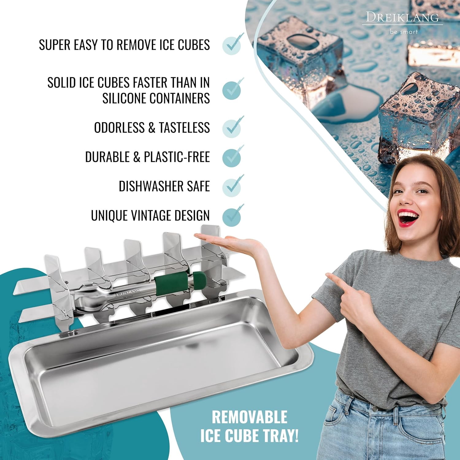 Stainless Steel Polished Set 2-Pack Ice Cube Tray for Freezer with Lever Insert | Easy Release Cold-Insulated Grip | Food-Safe  Ice Maker