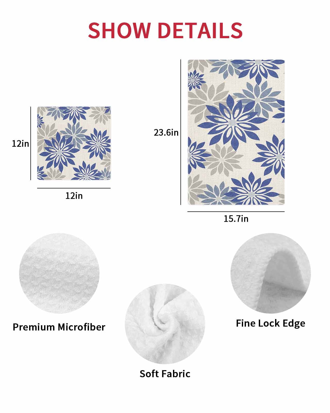 Geometric Flower Kitchen Dish Towels for Drying Dishes Set of 2, Vintage Country Floral Blue Grey on Linen Waffle Weave Microfiber Hand Tea Bathroom Towels Quick Dry & Absorbent Towel 15.7x23.6