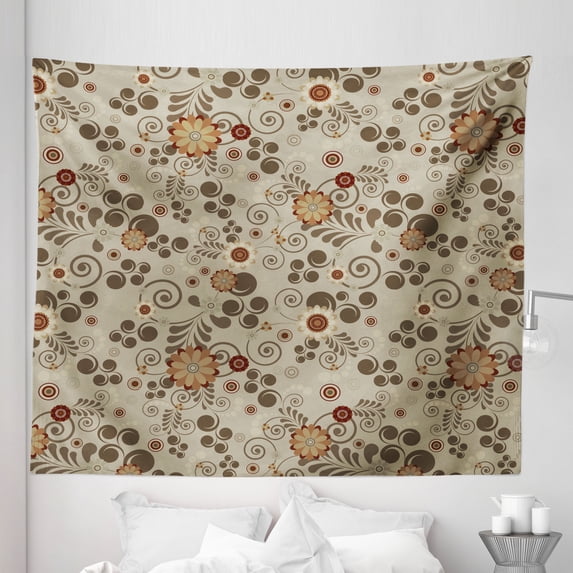 Grunge Tapestry, Floral Pattern with Fantasy Elements Swirls Curves and Dots Retro Colors, Fabric Wall Hanging Decor for Bedroom Living Room Dorm, 5 Sizes, Tan Redwood Pale Brown, by Ambesonne