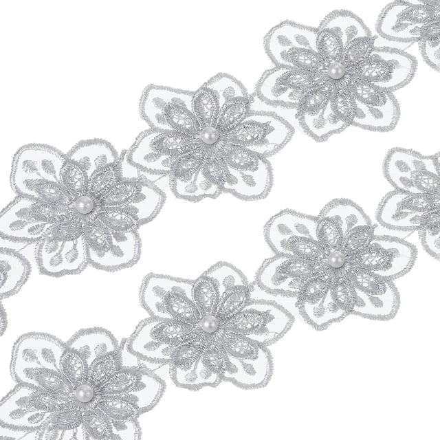 Unique Bargains 1 Yards Flower Trim Ribbon, 2 Pack Floral Lace Ribbon Pearl Edging Decorating Embroidered Trim Style 1, Grey