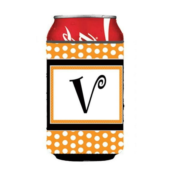 Letter V Initial Monogram - Orange Polkadots Can Or Bottle Hugger