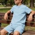 thumbnail image 2 of Fnooota Boys Summer Outfit Sets Size 10-12, Cotton Linen Short Sleeve Summer 2 Piece Kids' Clothing Sets Light Blue Size 11-12 T, 2 of 6