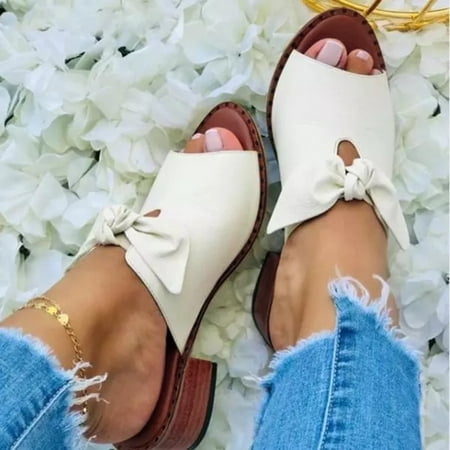 

LIANGP Women s Sandals Fashion Squared Heel Peep Toe Sandals Casual Kontbow Slip On Shoes Women s Shoes White Size 8