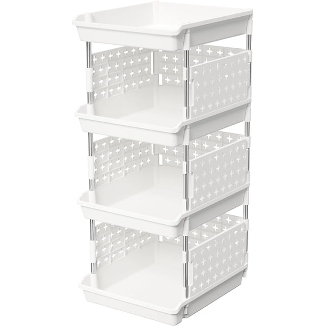 Plastic Stackable Storage Baskets, 4 Tier Stacking Bins for Closet Wardrobe, Playroom, Kitchen and Pantry Organization, Large Capacity Multi-Functional Stackable Storage Containers Shelves