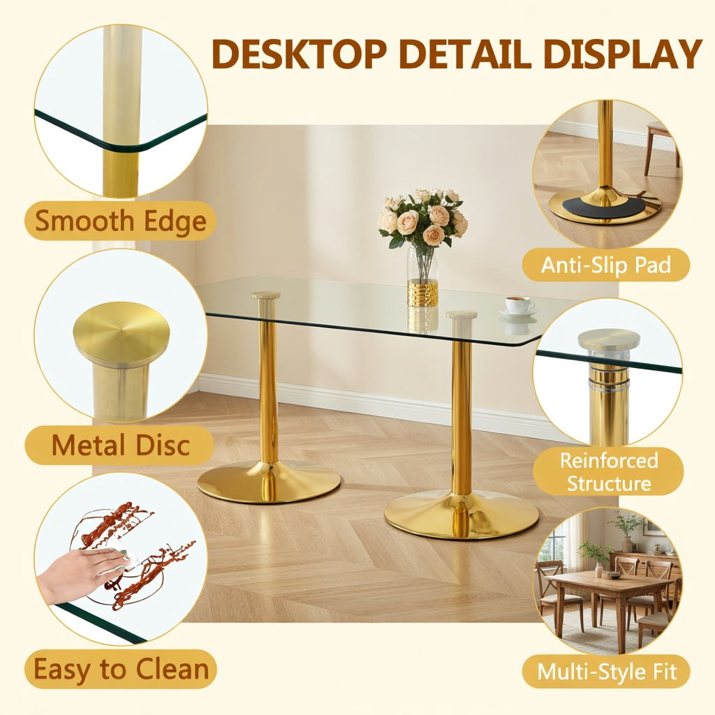 Hommoo Modern Minimalist Oval Glass Dining Table with Electroplated Metal Legs, 71 in L x 35.4 in W Tempered Glass Top, Ideal for Living Room & Restaurant, Gold