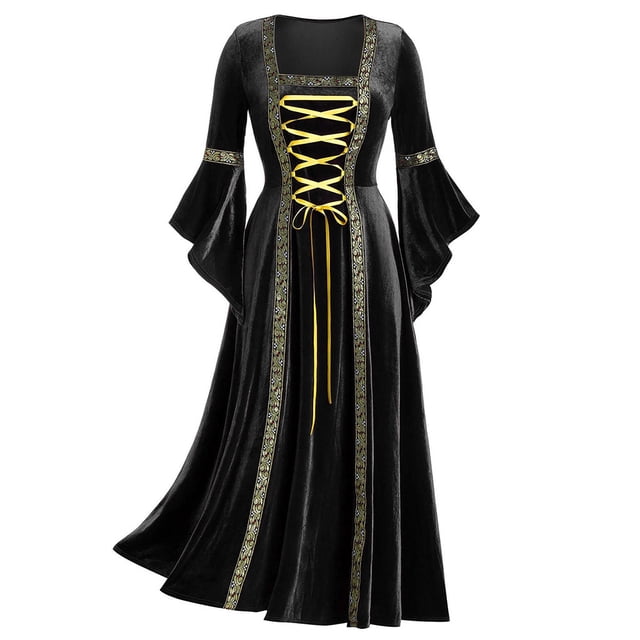 Womens Halloween Costumes 2024 Cosplay Gothic Dresses Women's Plus Size Cool Patchwork Bandage Long Sleeve Robe Long Dress