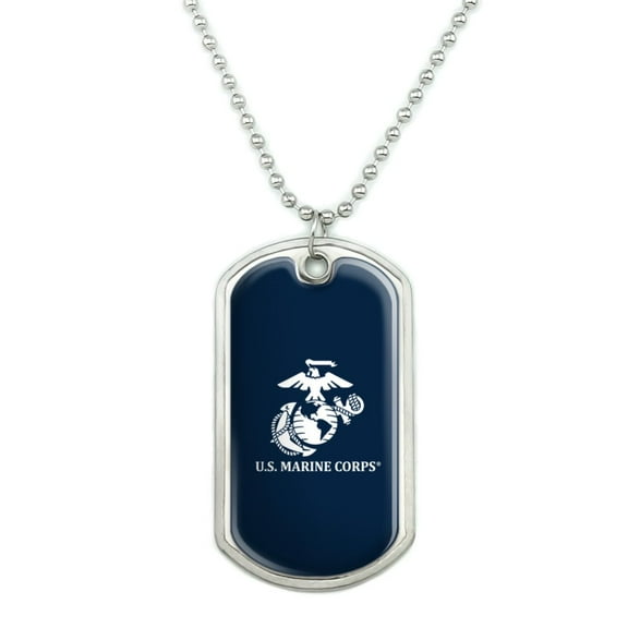 U.S. Marine Corps USMC White Logo on Blue Officially Licensed Military Dog Tag Pendant Necklace with Chain