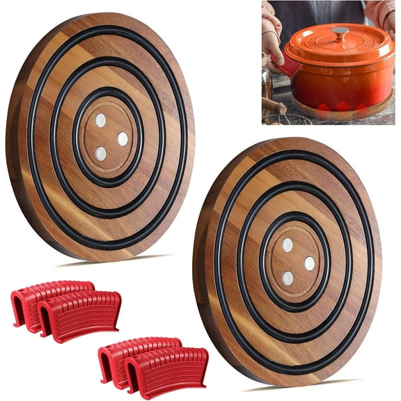 Magnetic Wooden Trivets Set, Heat Resistant Acacia Wood Trivet with Silicone Strips – Hot Pot Holder for Dutch Ovens, Cast Iron Cookware, Gift for Mom, Grandma(2pcs-L)