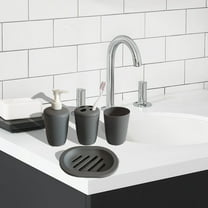 4-Piece Modern Bathroom Accessory Set | Gray or Beige Plastic Soap Dispenser, Toothbrush, Tumbler & Soap Dish | Complete Countertop Organizer for Home, Hotel, Guest Bath