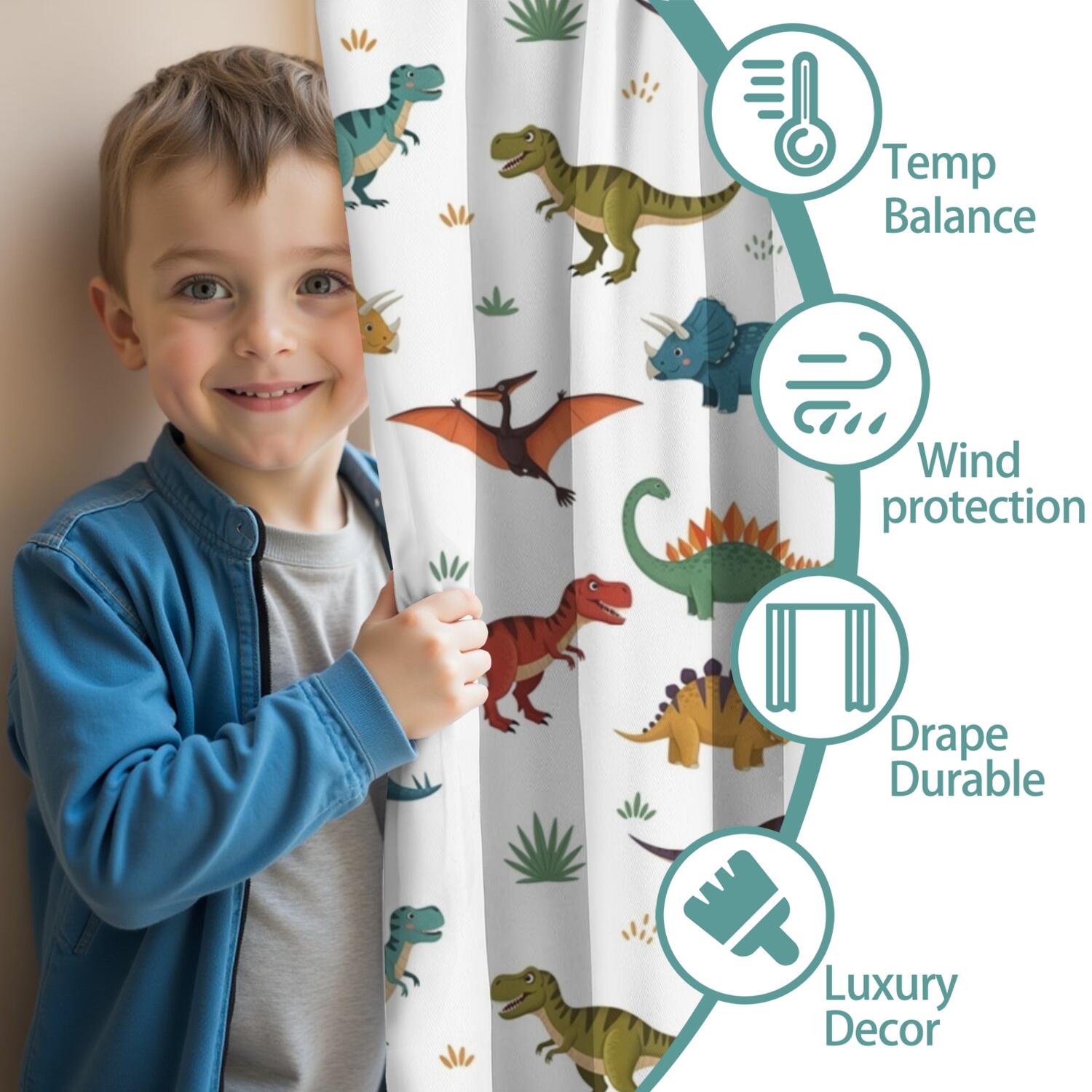 Blackout Kids Curtains,White Dinosaurs Pterosaurs Plants Pattern Childrens Insulated Curtains Set Of 2,Bedroom Essentials,Toddler Room Decor 52"x63"