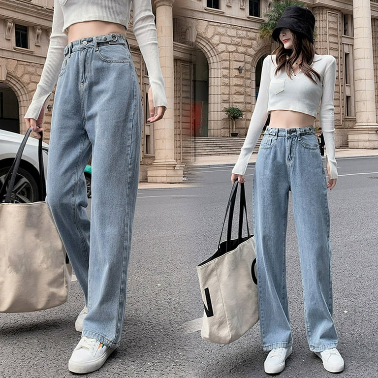 Waisted Solid Women’s Trousers Mid Leg Casual Wide Straight Baggy Pants  Women's Jeans Jean Jacket for Women with Hoodie