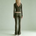 thumbnail image 4 of Women's 2 Piece Sets Long Sleeve V Neck Crop Tops and Elastic High Waist Wide Leg Pants Causal Athletic Outfits, L, 4 of 5