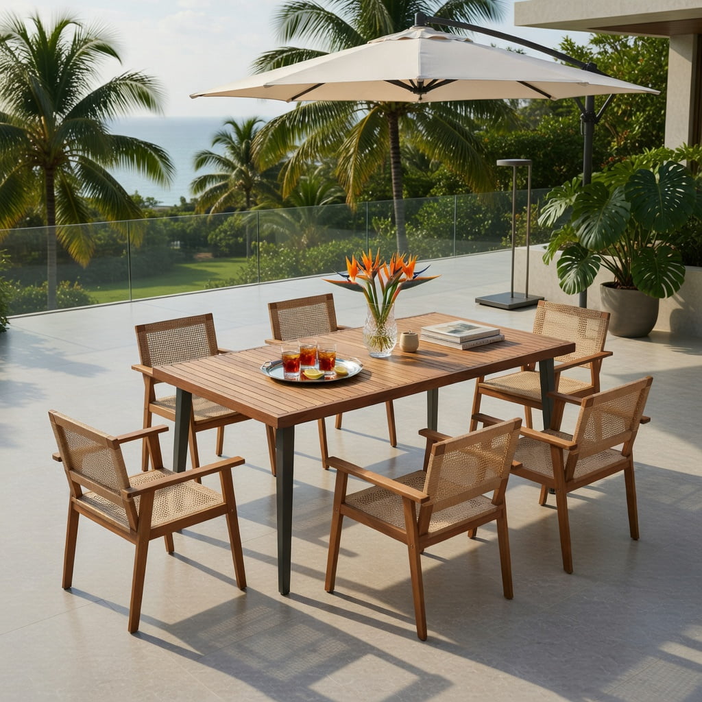 Hommoo 2-Pack Acacia Wood & PE Rattan Outdoor Dining Chairs, Weather-Resistant Patio Chairs with Ergonomic Backrest, Sturdy Armrests, Natural