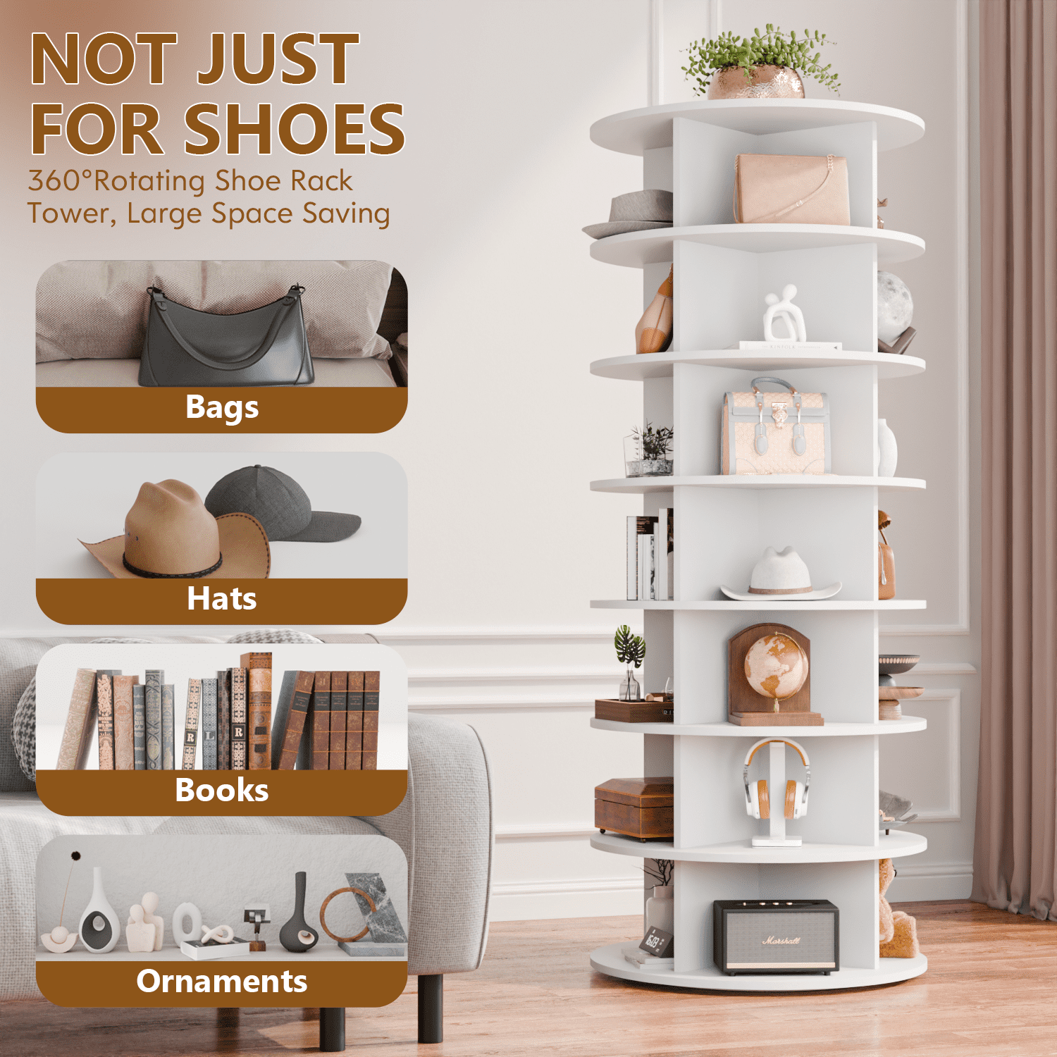 Waleaf 7 Tier Rotating Shoe Rack Tower for Living room,&Entryway, 360° Spinning Shoe Display Lazy Susan, White