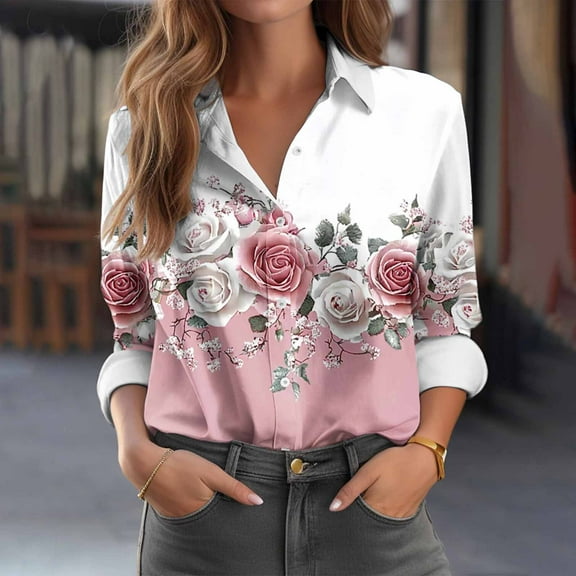 Sakmal Button Down Women Shirts Plus Size Fashion Pink Shirts Collared Floral Long Sleeve Tops for Women